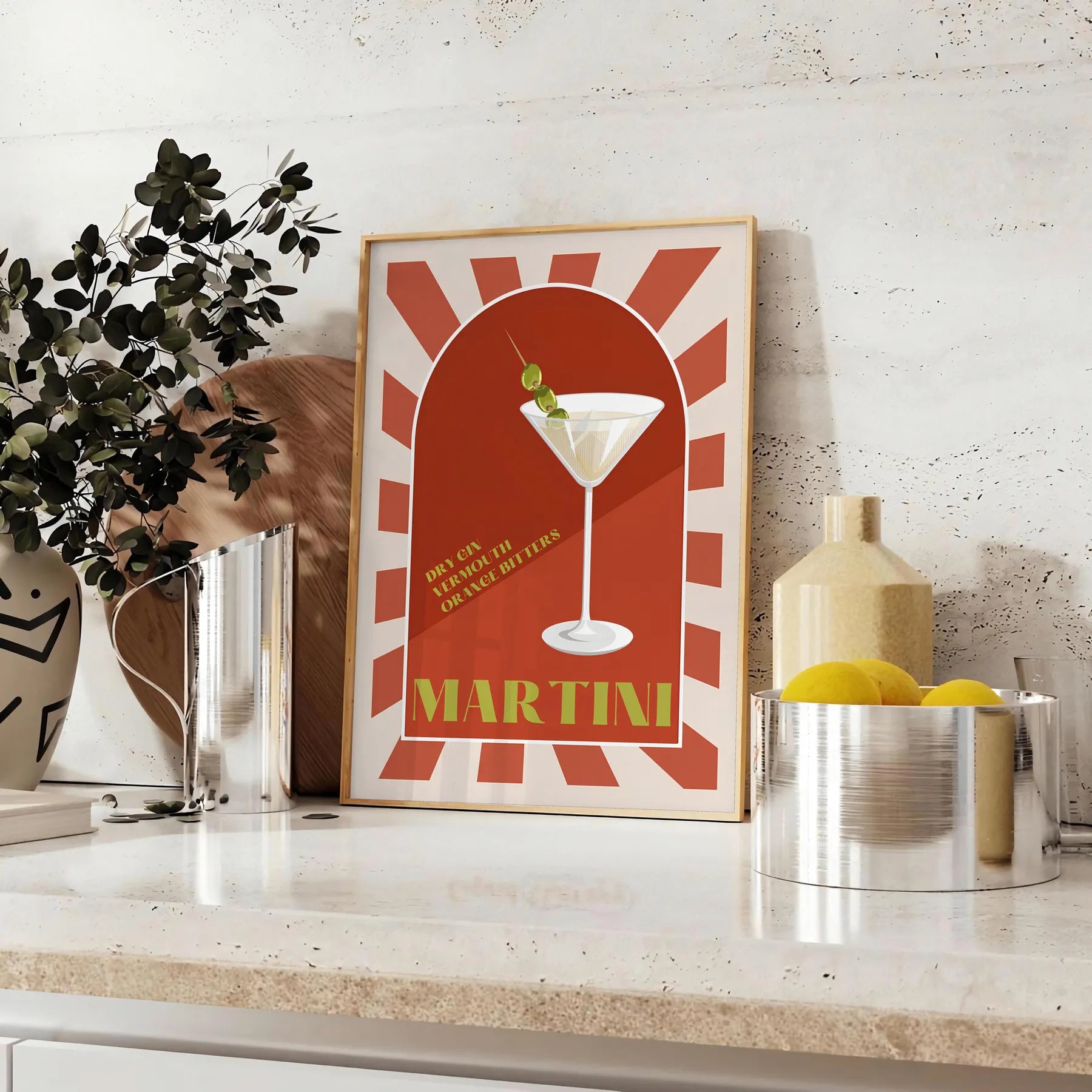 space vibrant Martini Cocktail poster dynamic green orange hues wall stylish art piece unique gift décor standout artwork sizes A4 cm A0