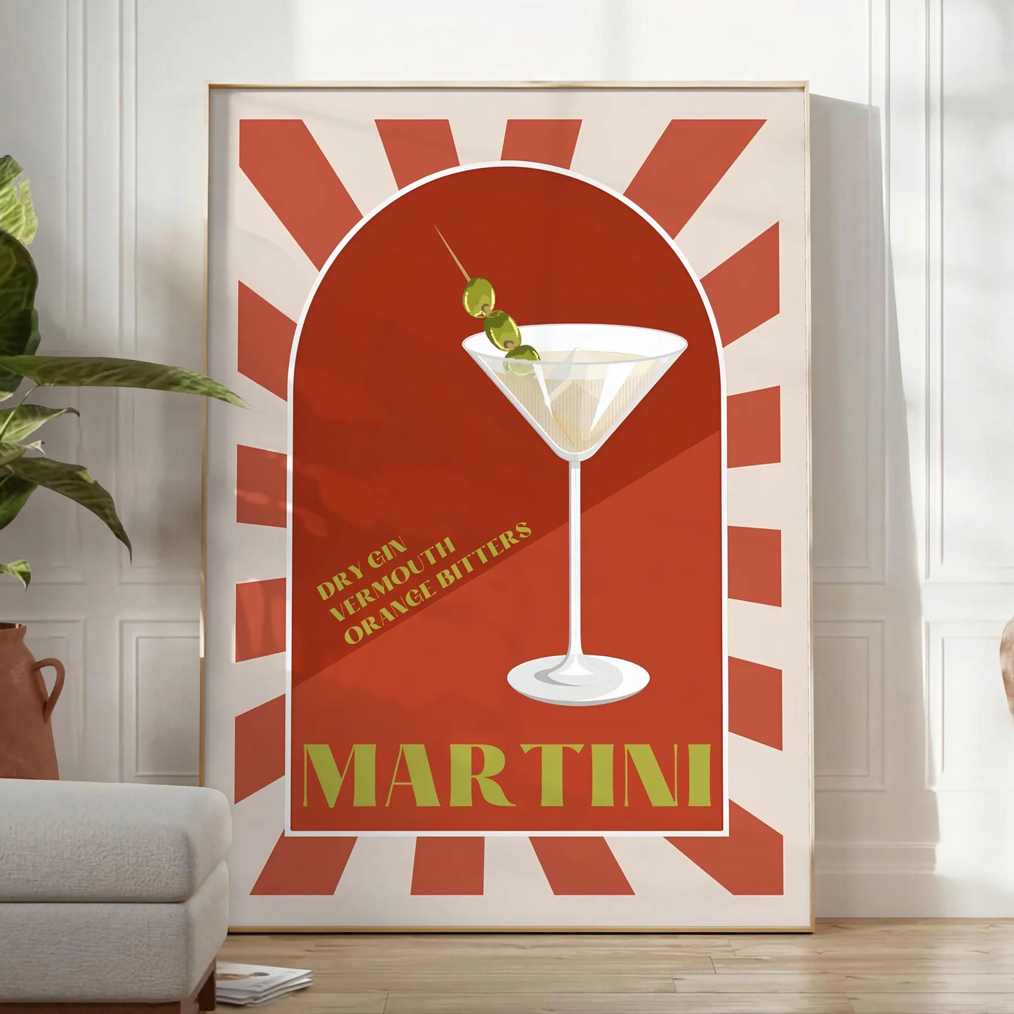 space vibrant Martini Cocktail poster dynamic green orange hues wall stylish art piece unique gift décor standout artwork sizes A4 cm A0