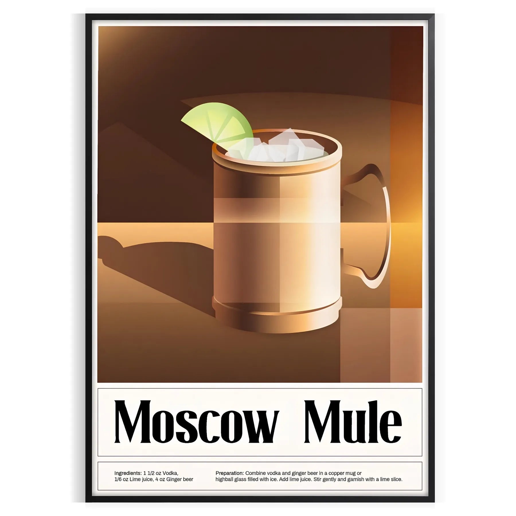 space stylish Moscow Mule cocktail poster vibrant greens sleek black backdrop kitchen wall art unique gift lovers framed frameless options home bar dining area